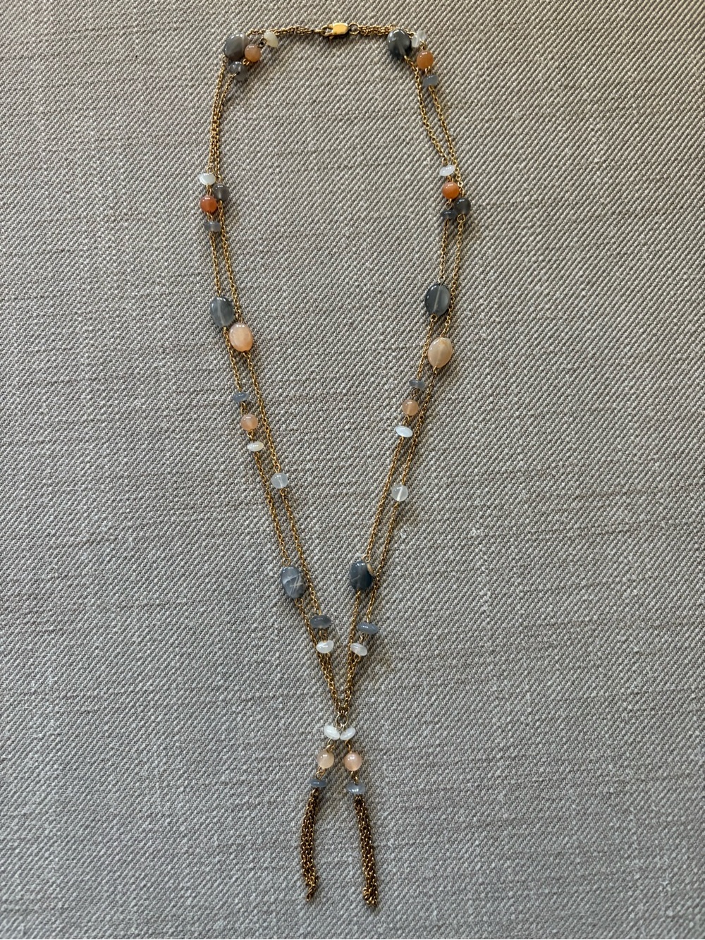 Dainty delicate gemstone moonstone 2 layer necklace with tassel detail gold tone